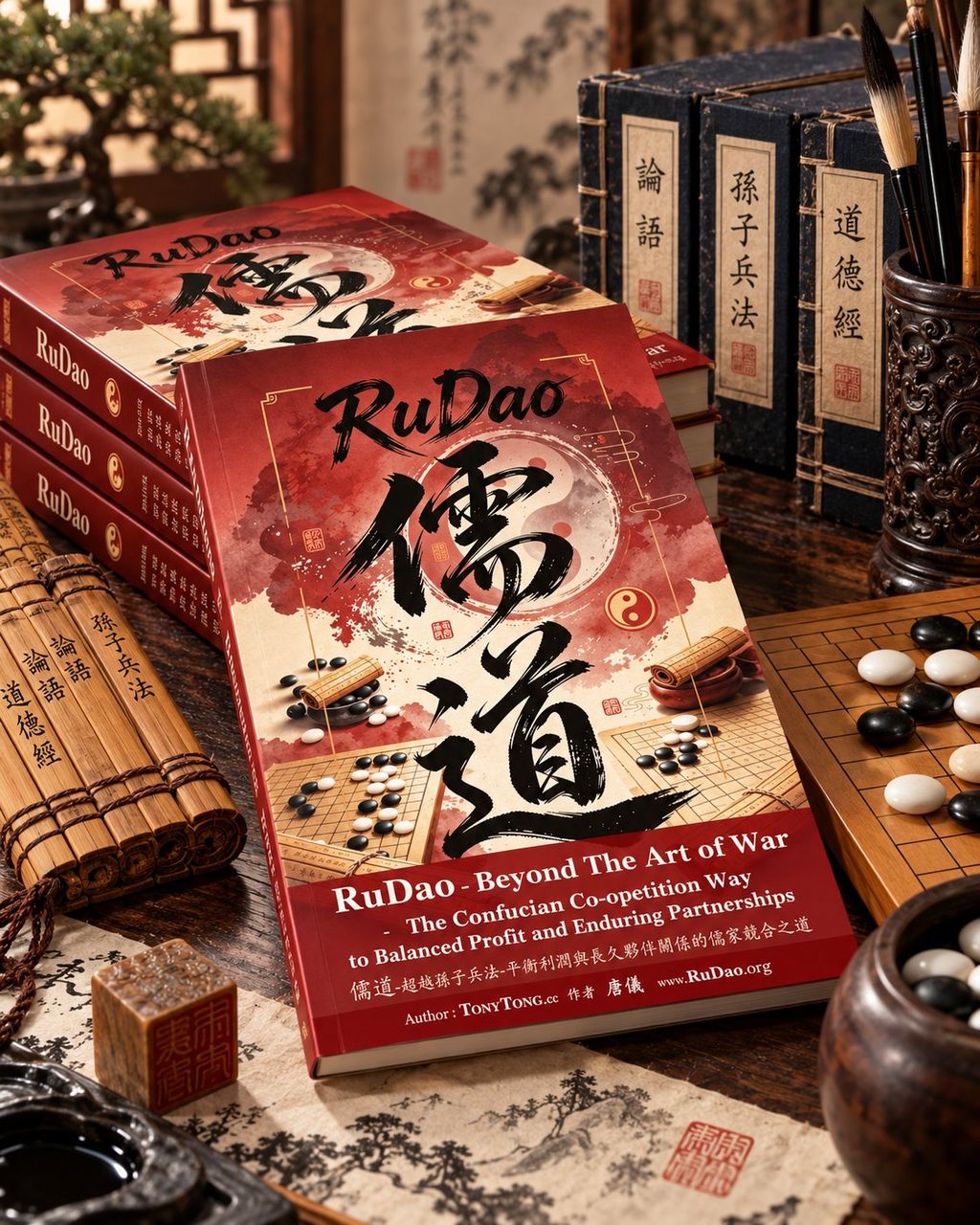 RuDao 儒道 book with Confucian classics — Analects 论语, Sunzi Art of War 孙子兵法, Dao De Jing 道德经 bamboo slips and ink brush still life