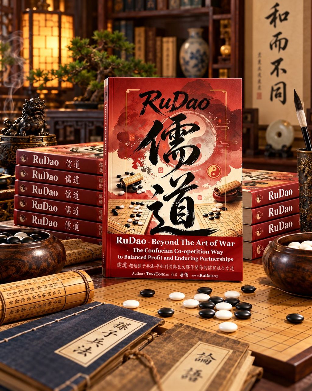 RuDao 儒道 book beside a Go board 围棋 — strategy of balance, black and white stones, Sunzi bamboo slip